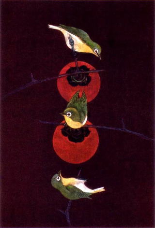 加山又造　メジロ（めじろ）三羽の小鳥　絵画（銅版画）作品
