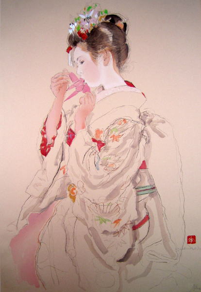 宮本三郎　舞妓十二題集　折鶴　絵画（木版画）作品